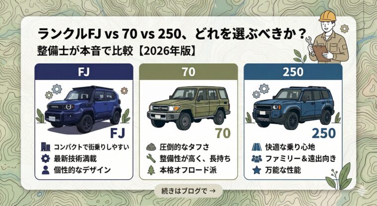 ランクルFJ vs 70 vs 250、どれを選ぶべきか？整備士が本音で比較【2026年版】