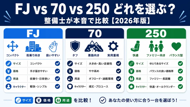 ランクルFJ vs 70 vs 250、どれを選ぶべきか？整備士が本音で比較【2026年最新】