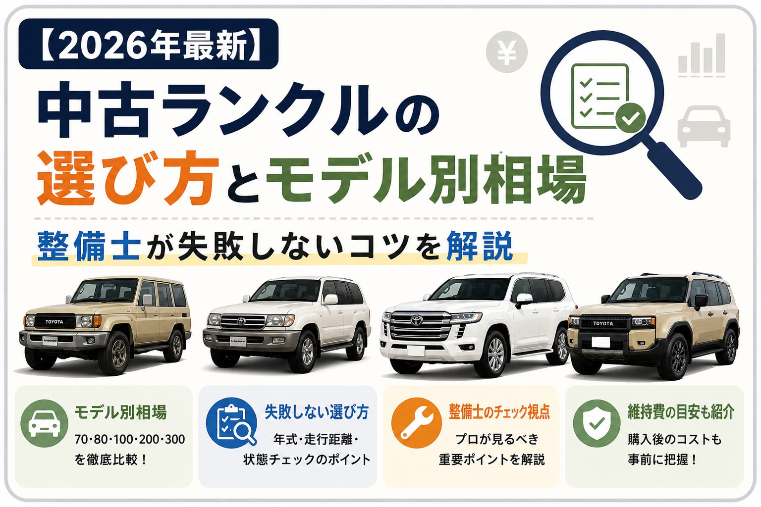 【2026年最新】中古ランクルの選び方とモデル別相場｜整備士が失敗しないコツを解説